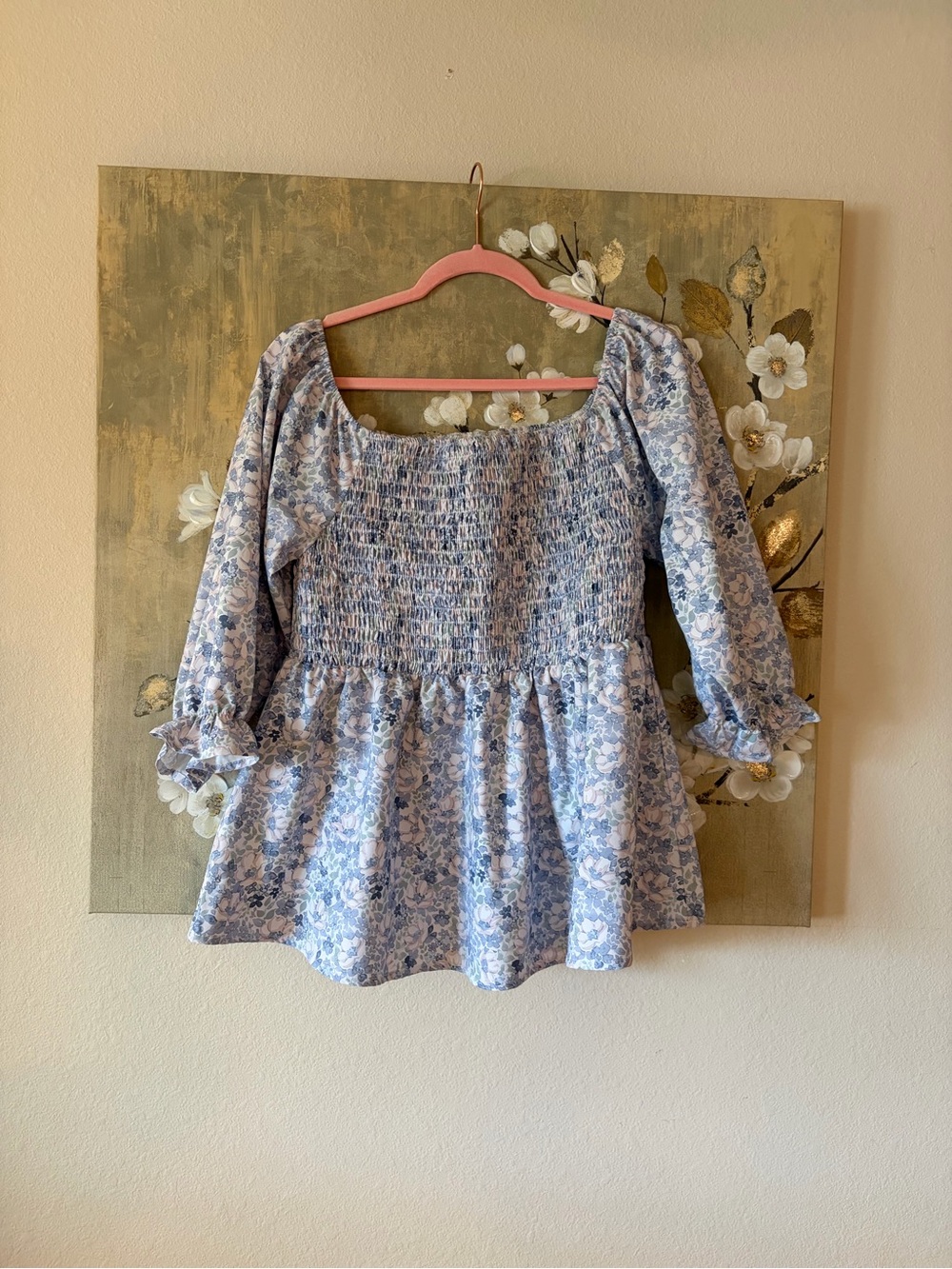 Blue Floral Smocked Peasant Top